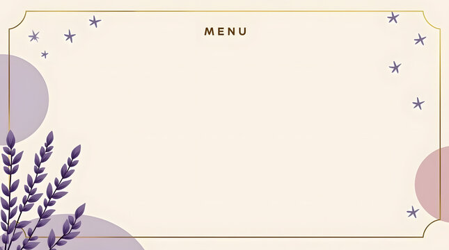 Modern wedding menu in minimalist style with lavender tones and gold elements, perfect for wedding tables.