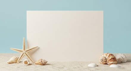 Photo Of Seashells Starfish And Sand On A Beach With Blank Board