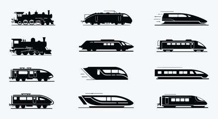 Collection of black silhouettes various trains and locomotives © vector Art