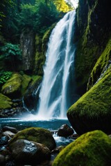 Naklejka premium A serene waterfall surrounded by dense foliage and vibrant greenery, perfect for use in travel or nature-focused projects