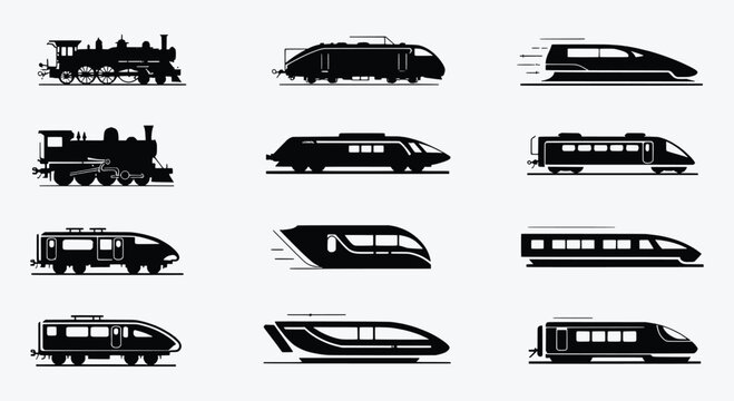 Collection of black silhouettes various trains and locomotives