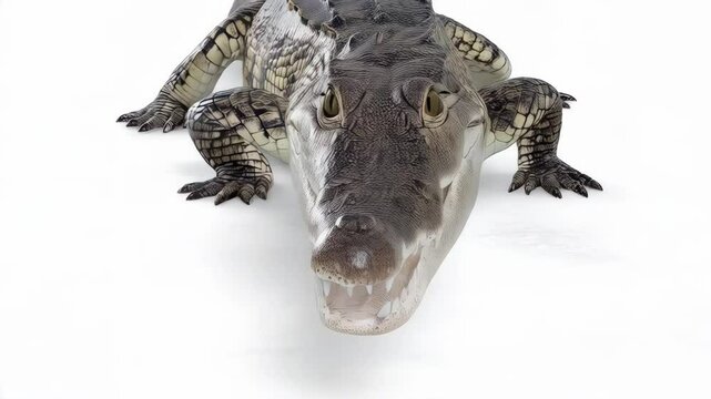 Close up of a massive reptile featuring scaly skin and sharp teeth resting on a bright surface in studio environment
