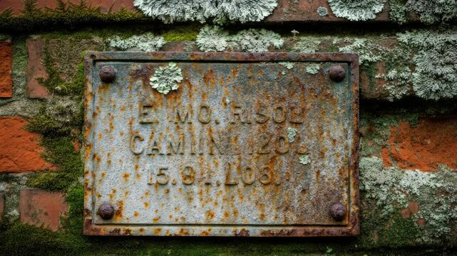 Rusted metal plaque on brick wall with moss and lichen