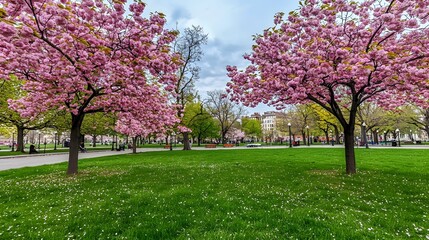 Naklejka premium Vibrant Spring Park with Blooming Cherry Trees and Lush Green Lawn under a Cloudy Sky
