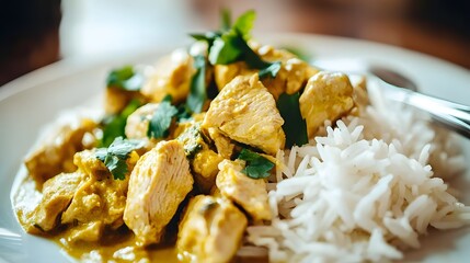 Savory Chicken Curry Served with Steaming White Rice and Fresh Herbs on a Plate