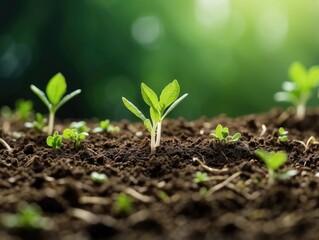 "Young Green Seedlings Growing in Soil with Bright Natural Light"