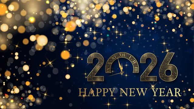 card or banner to wish a happy new year 2026 in gold the 0 is a clock with gold colored glitter in bokeh effect on a blue background