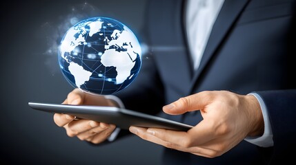 Business Professional Using Tablet with Holographic Globe in a Modern Technology Environment
