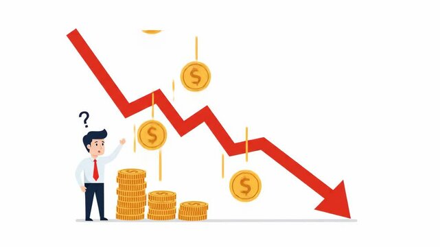 Businessman confused by falling stock market and decreasing profits with coins dropping