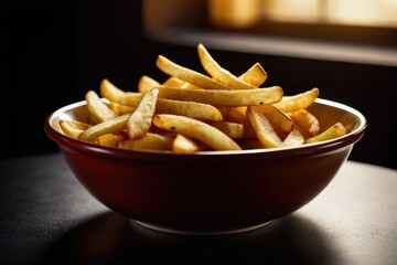 A bowl of French fries sitting on a table