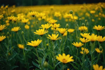 A field of bright yellow flowers against a dark and mysterious background