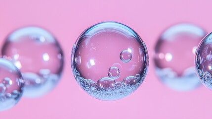 Close-Up View of Transparent Bubbles Floating Against a Soft Pink Background