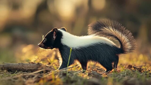 A striped skunk is walking through the grass, with its black and white tail and face. The skunk is moving through the grass, likely searching for food or exploring its surroundings