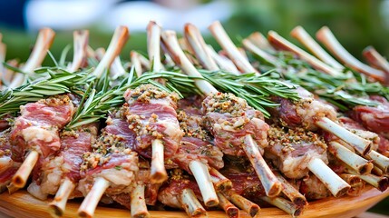 Platter of Grilled Lamb Chops Garnished with Fresh Rosemary and Seasoning Ready for Serving