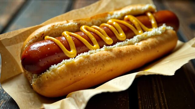 Juicy hotdog sausage on dark background. Food for Restaurant Menu. AI Generative