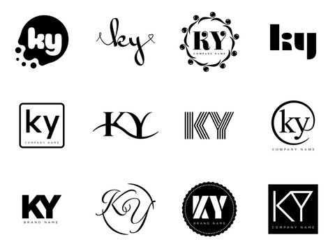 KY logo company template. Letter k and y logotype. Set different classic serif lettering and modern bold text with design elements. Initial font typography.