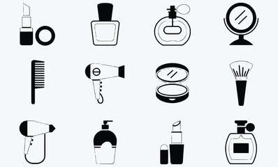 Beauty icons set makeup cosmetics hair styling tools