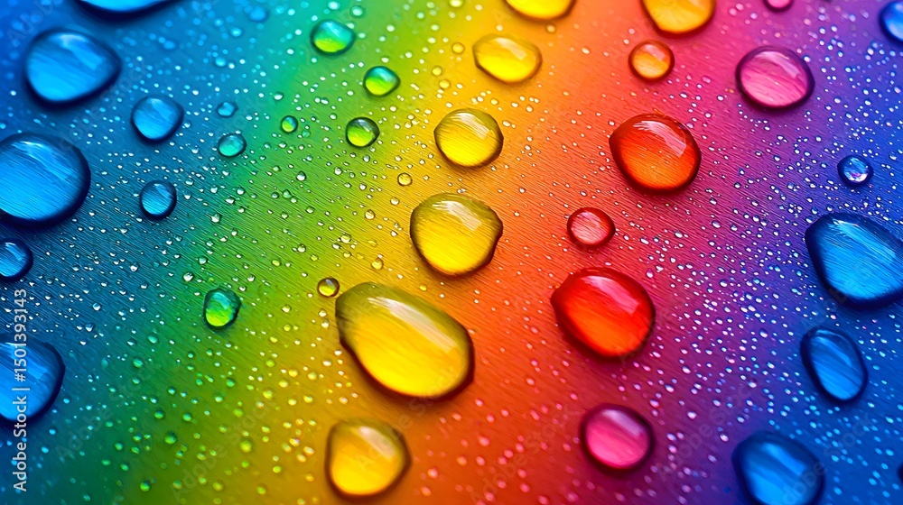 Wall mural close-up view of colorful raindrops on a rainbow gradient background with light reflections