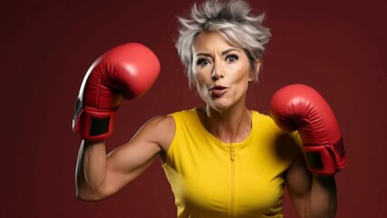 Energetic woman wearing boxing gloves, ready to fight with a bright smile, showcasing strength and determination. - Powered by Adobe