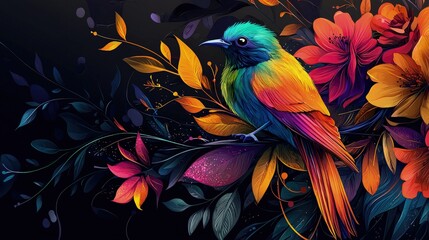 Fototapeta premium Vibrant bird perched amidst colorful floral design.