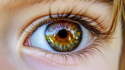 Fototapeta premium Close-Up of a Human Eye with Intricate Iris Details and Reflections of Surrounding Nature