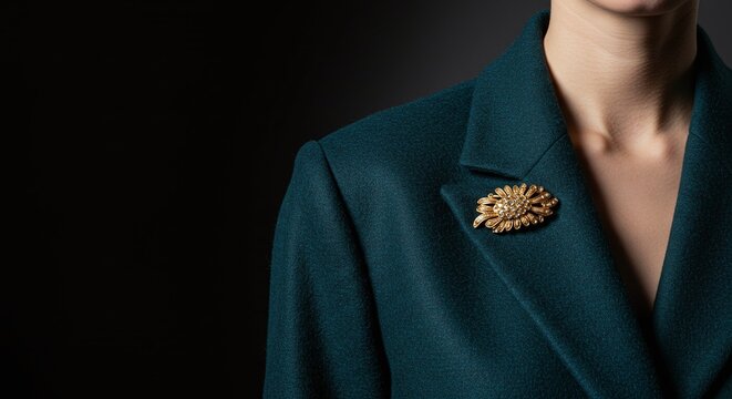 Elegant Woman Wearing Green Blazer with Decorative Brooch. Elegant brooch on dark green coat fashion accessory jewelry style and design