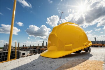 A yellow hard hat sits atop a cement wall, ready for use