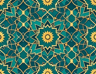 Emerald and Gold Islamic Geometric Tile Pattern Ornate Design