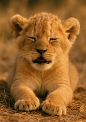 Fototapeta premium Adorable lion cub resting peacefully.