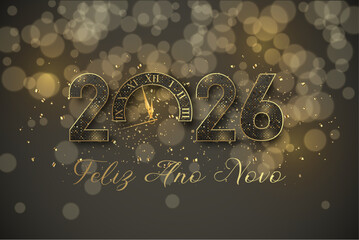Tarjeta o pancarta para desear un feliz año nuevo 2026 en negro y dorado con purpurina el 0 es un reloj sobre fondo negro con círculos en efecto bokeh