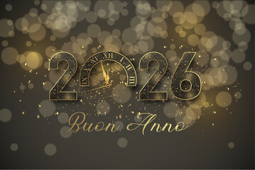 biglietto o striscione per augurare un felice anno nuovo 2026 in nero e oro con glitter lo 0 è un orologio su uno sfondo nero con cerchi in effetto bokeh
