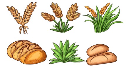Variety of Wheat Grains and Freshly Baked Bread Loaves on a White Background