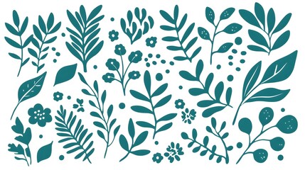 Botanical Illustration of Diverse Green Leaves and Flowers in a Decorative Pattern Design