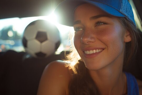 A smiling woman in a car with a soccer ball, enjoying a sunny, adventurous day.