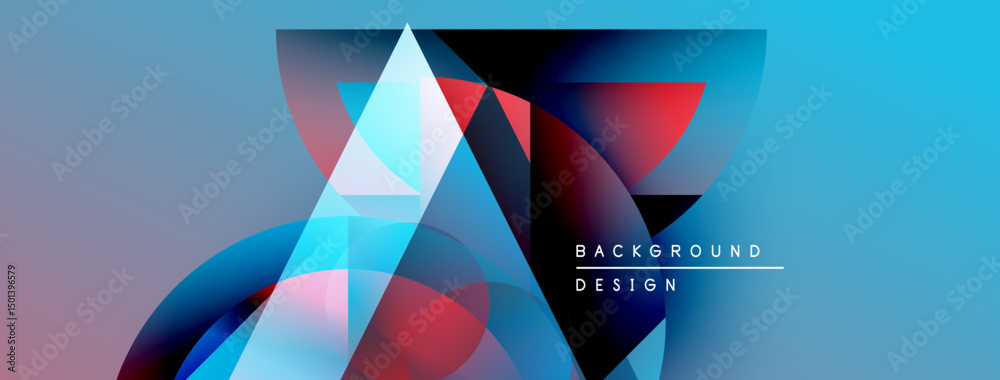 Poster abstract geometric shapes blend vibrant blues, reds, purples. modern design features overlapping pol