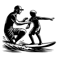 Surfer Teaching A Child How To Surf, Black And White Surf Silhouette