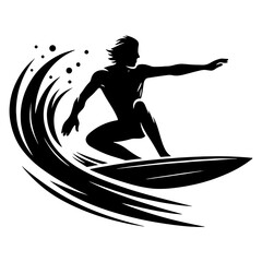 A Silhouette Of A Male Surfer Catching A Wave, Black And White Surfer Silhouette