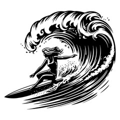 Female Surfer Catching A Big Wave, Black And White Surfer Silhouette