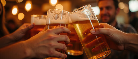Cheers to friendship and celebration with frosty beer mugs raised high This lively scene captures joy of togetherness in warm, inviting atmosphere