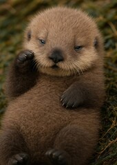 Fototapeta premium Adorable fluffy baby otter resting.