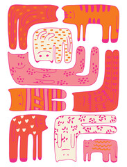 cats Bright colorful cute in cartoon style set. Cute animals isolated on white background. Vector illustration