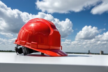 A red hard hat sits alone on a table, ready for use