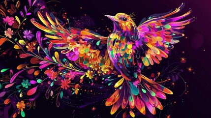 Fototapeta premium A vibrant bird in flight, surrounded by blossoms.