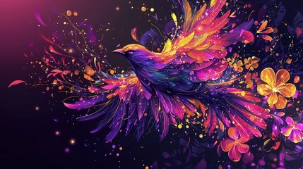 Colorful avian design in flight with abstract floral accents.