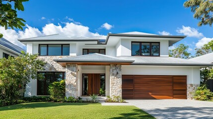 Modern two-story house with stone accents, wood garage door, and lush landscaping