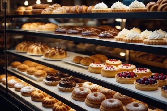 A display case filled with various types of pastries, ideal for food, bakery or dessert images