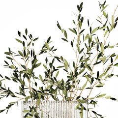 3D illustration Small Minimalistic Bouquet Vase Olive Branches isolated on white background