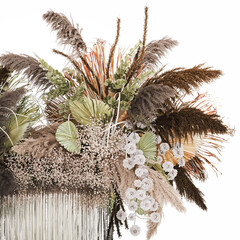 3D illustration Bouquet Dried Flowers Cortaderia Pampas Reed vase palm leaf