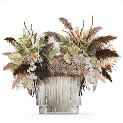 3D illustration Bouquet Dried Flowers Cortaderia Pampas Reed vase palm leaf
