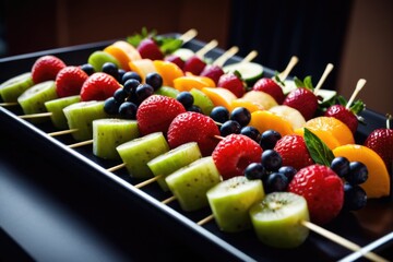 Fresh fruit skewers arranged on a table, perfect for snack or party decor